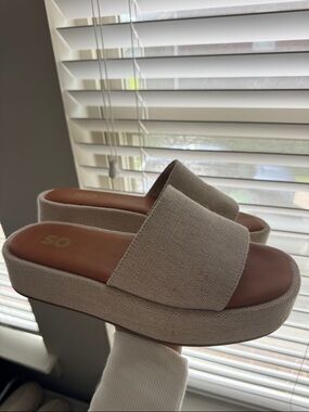 Beige Canvas Platform Slide Mules for Women
